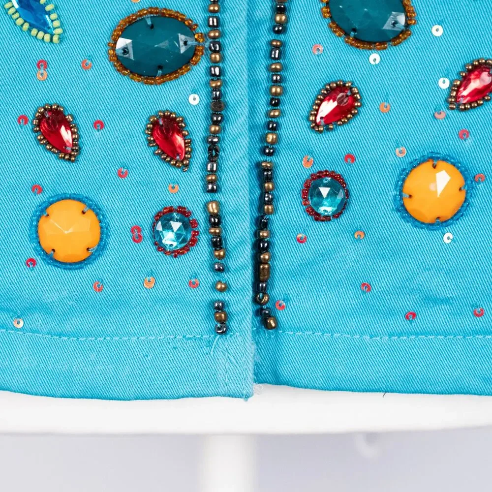 LifeStyle Women's Beaded Cotton Jacket Blue SZ SMALL Colorful Festive Bohemian